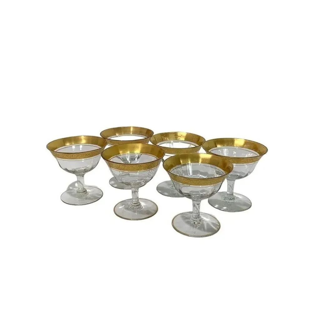 Vintage Gold Rim Floral Crystal Set of 6 Low Sherbet Glasses 3.75" h Stemmed - Picture 1 of 7